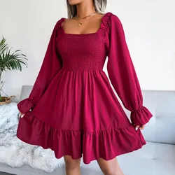 Spring Summer Solid Color Dress Square Neck Flared Long Sleeve Ruffled Dresses Red Orange Green Black Woman Clothing