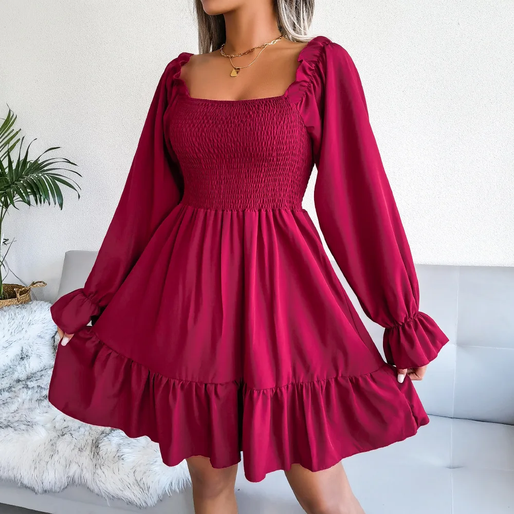 Spring and Summer Solid Color Dress Square Neck Flared Long Sleeved Ruffled Dress for Women