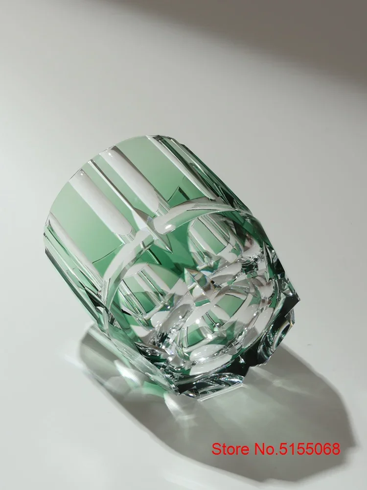 Edo Kiriko Crystal Rock Glass, Hand Carving, Green Bamboo Liquor Wine Tumbler, Top Grade Whiskey Cup, Japan Style, KAGAMI Design 4