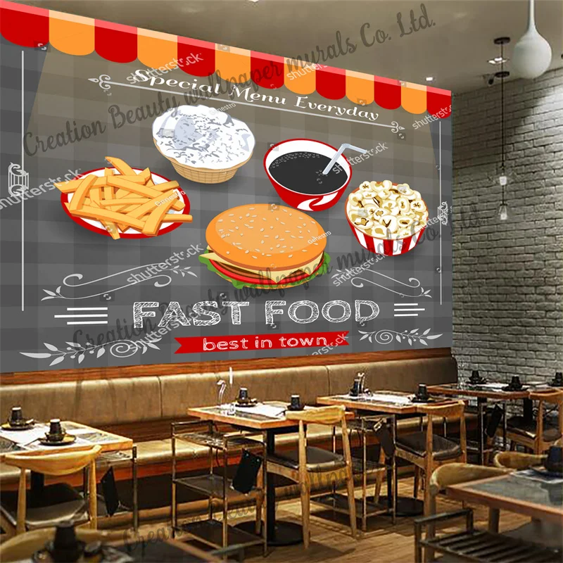 

Custom Snack Burger Wallpaper Industrial Decor Mural Restaurant Snack Bar KTV Background Wall Papel De Parede Contact Paper