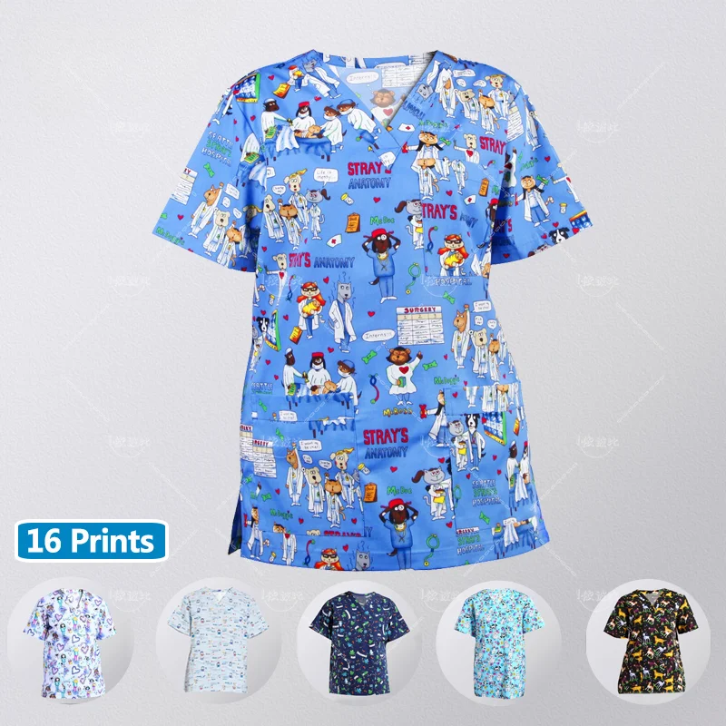 

ANNO Hospital Staff Scrubs Top Medical Sanitary Nursing Uniform Dental Clinic Print Beauty Caregiver Coveralls