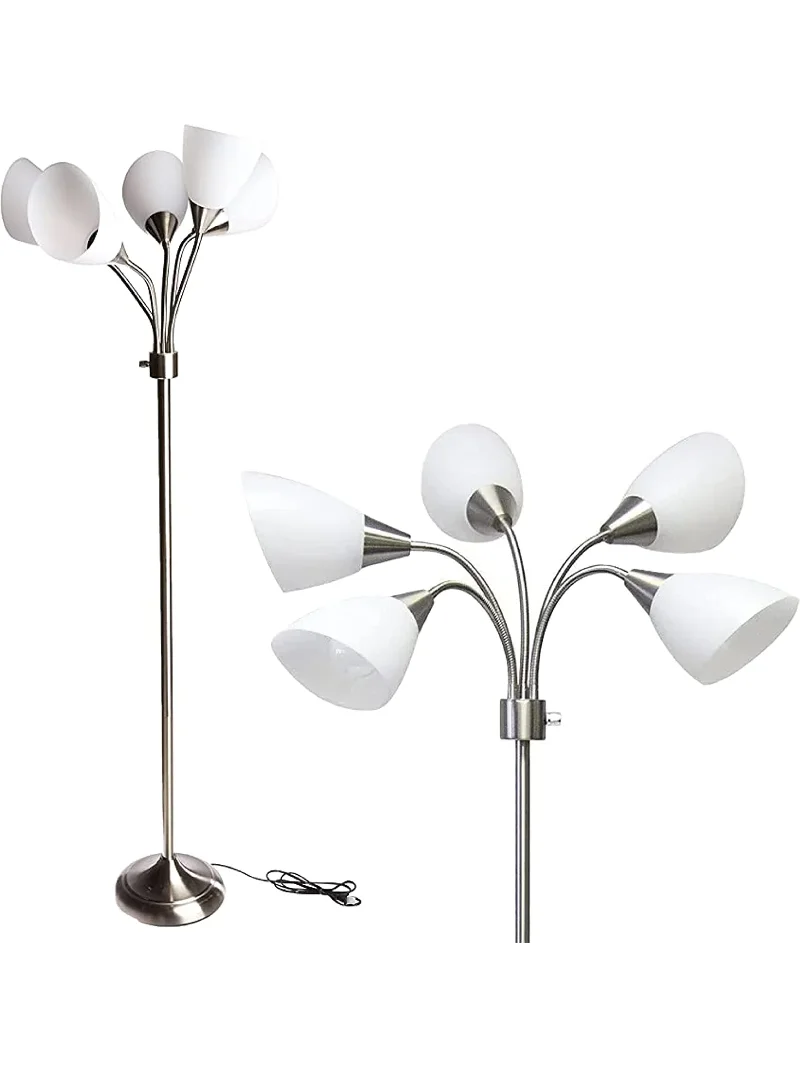 Five Light Floor Lamp, Brushed Steel, White Frosted Plastic Shade Room Decor