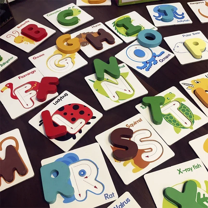 ของเล่นเสริมพัฒนาการเด็กก่อนวัยเรียน แบบมอนเตสซอรี่ ทำจากไม้ สำหรับการเรียนรู้ภาษาอังกฤษ ตัวอักษรภาษาอังกฤษ การจับคู่คำศัพท์ และเกมปริศนา