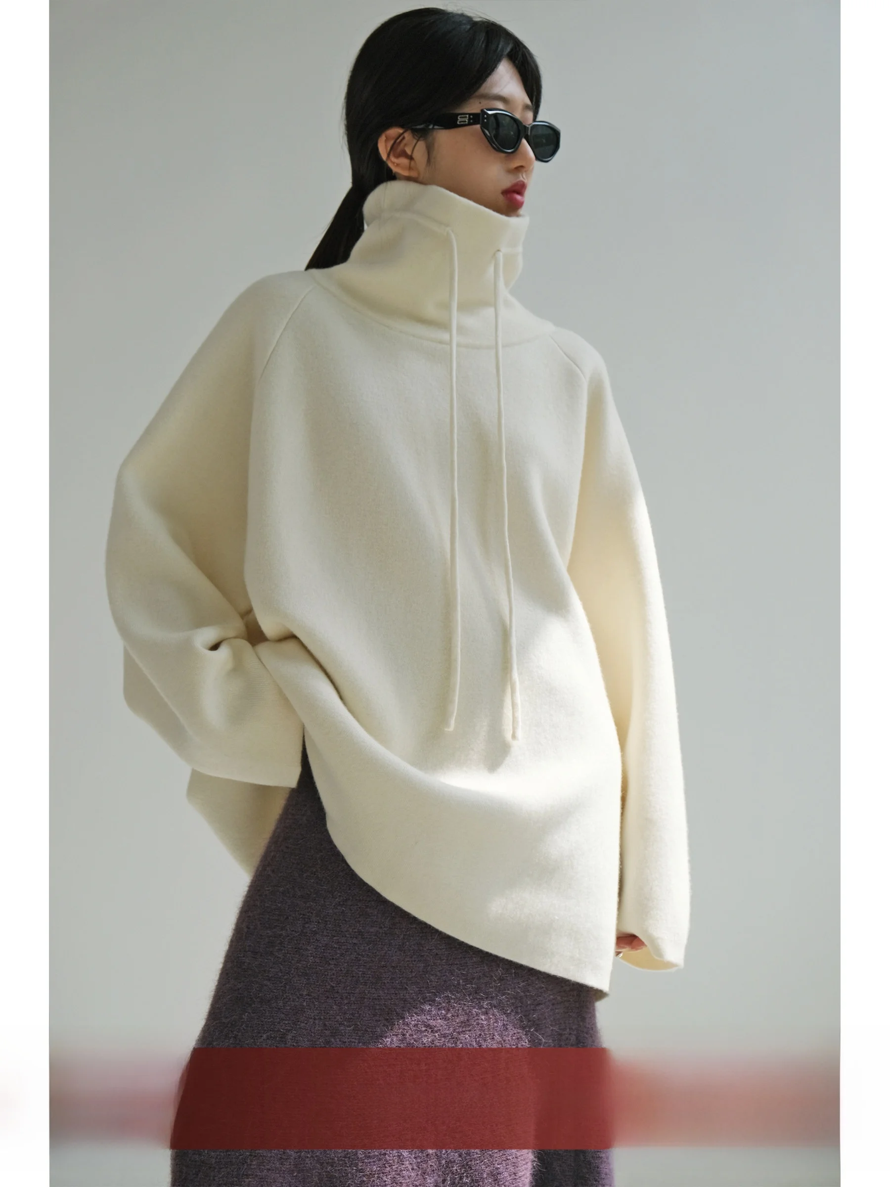 

Вязаный шерстяной свитшот с высоким воротником и завязками, свободного кроя, для повседневной носки, с длинными рукавами, утолщенный, стандартной длины