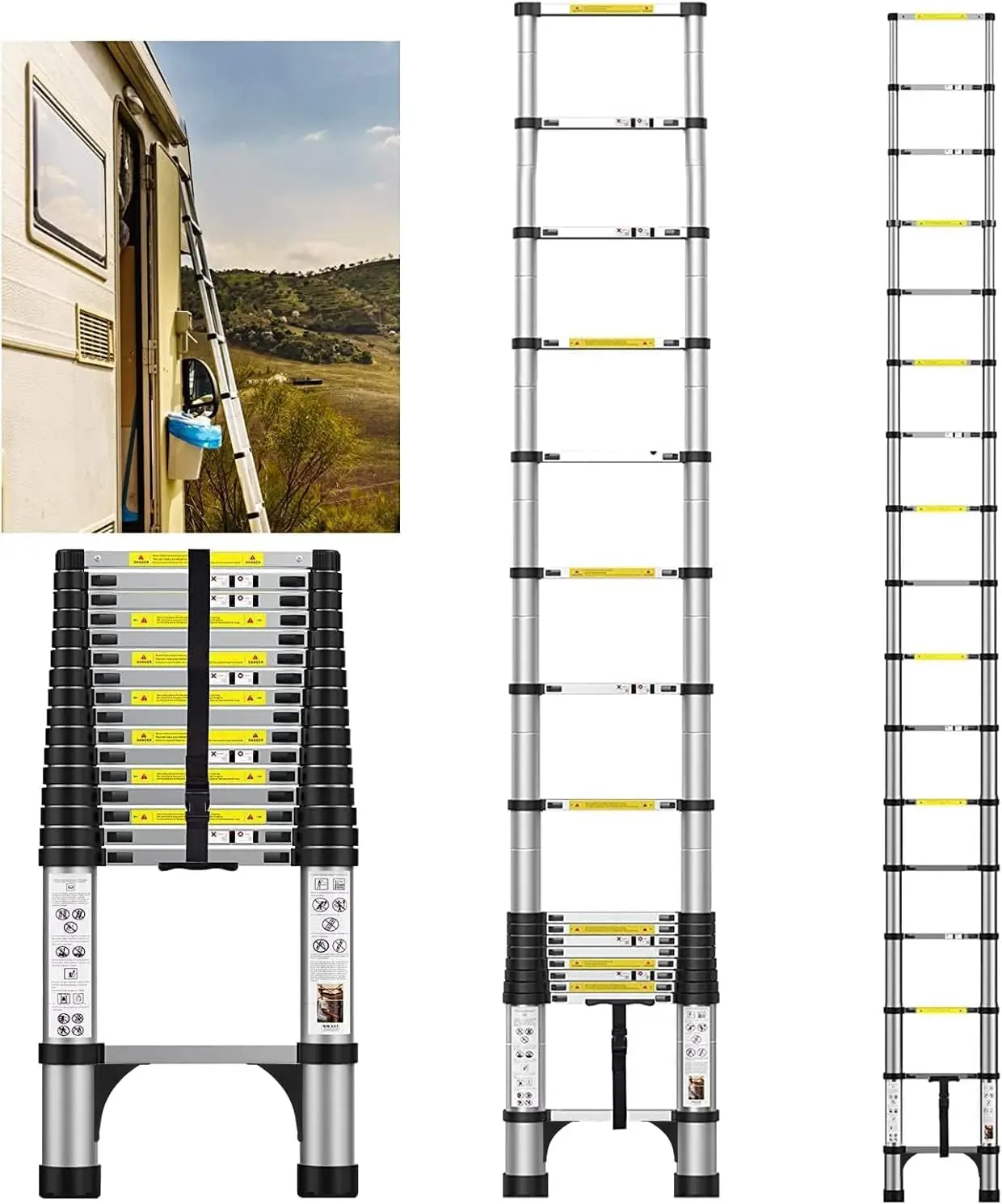 

16.5FT Telescoping Aluminum Extension Ladder with 2 Triangle Stabilizers, 330lbs Capacity, Multi-Purpose Collapsible for Home, O