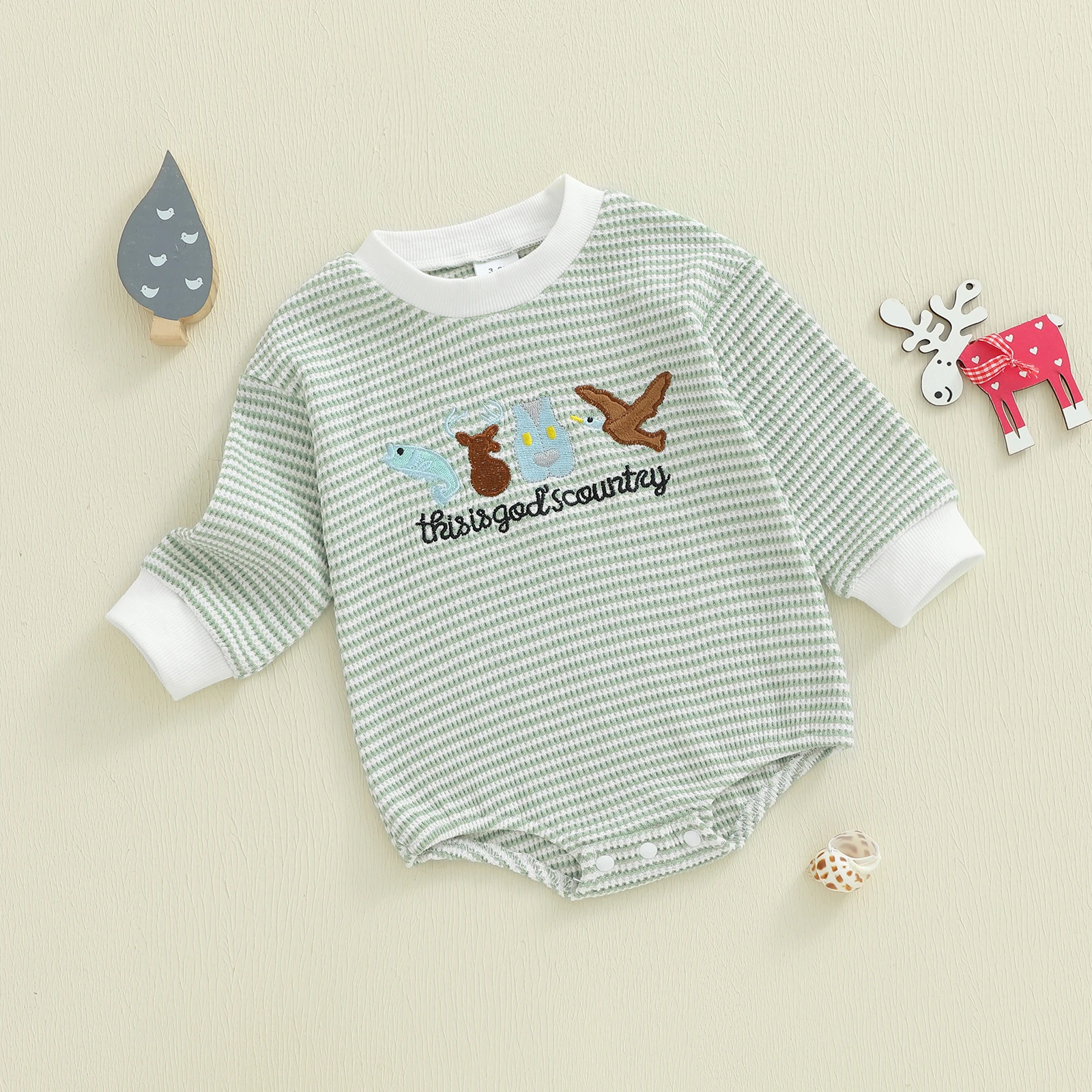 

Suefunskry Baby Boy Striped Sweatshirt Romper Animal Letter Embroidered Crew Neck Long Sleeve Bodysuit Cute Fall Clothes