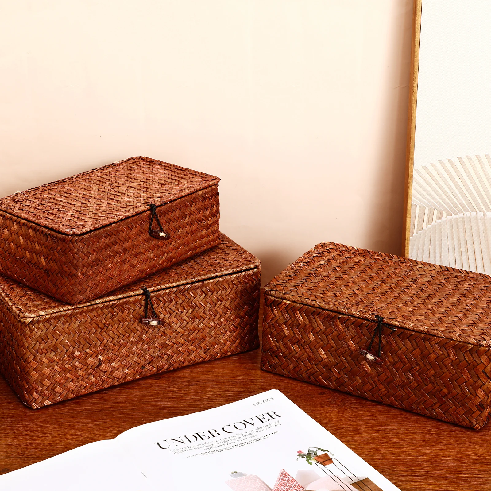 

3pcs Seagrass Storage Box With Lid Hand-Woven Natural Basket For Desktop Sundry Organizer Stationery Household Woven