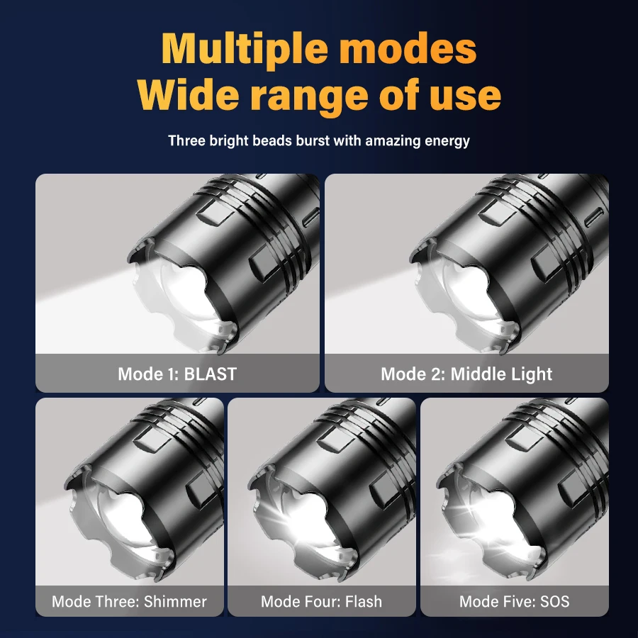 Portable Powerful LED Flashlight Built-in Battery Type-C Rechargeable  Outdoor Long-range Camping Emergency Tactical Flashlight