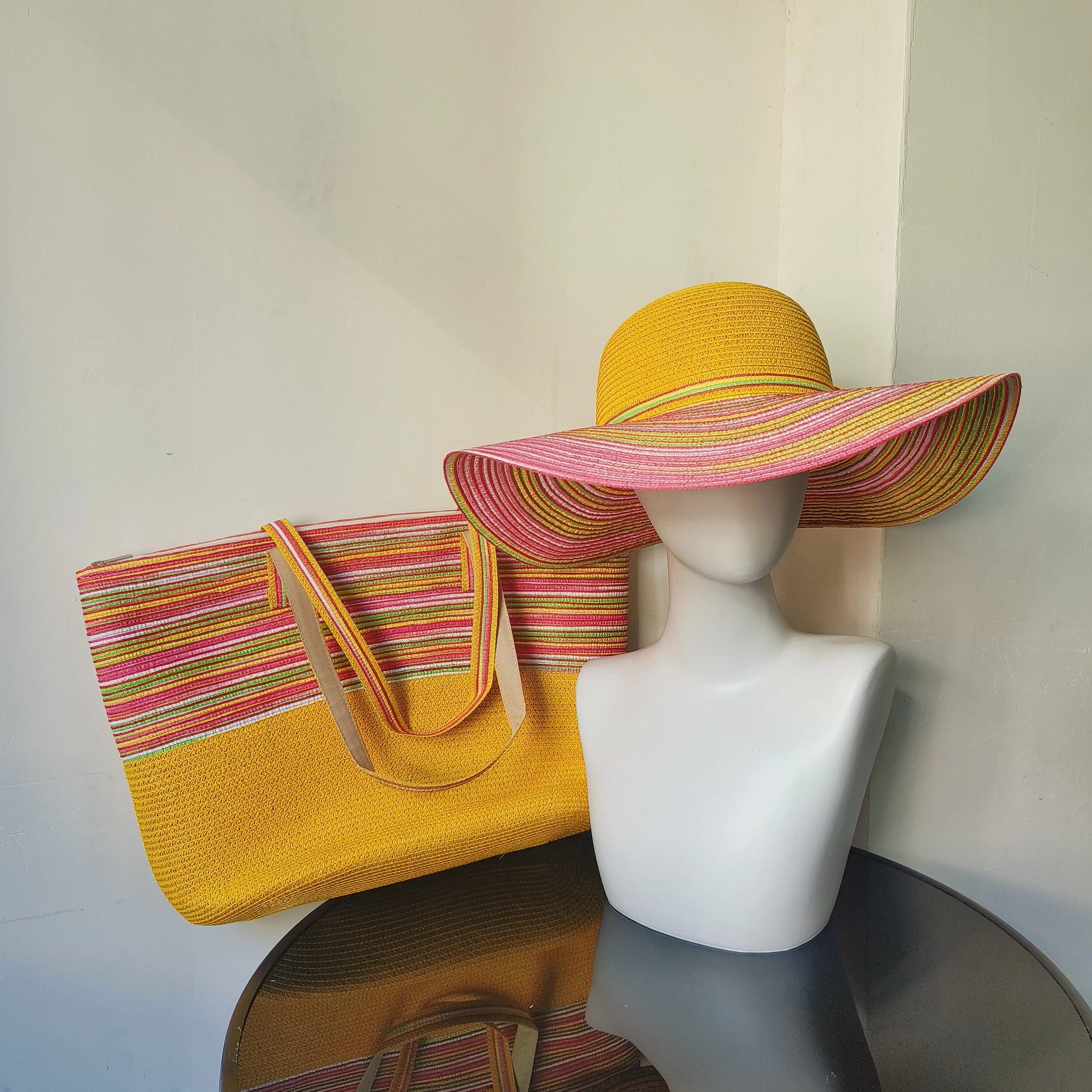 Sombrero de paja de ala ancha a rayas para mujer, conjunto de sombrero tejido a mano, bolsa de cubo, playa, vacaciones, protección solar, nuevo color