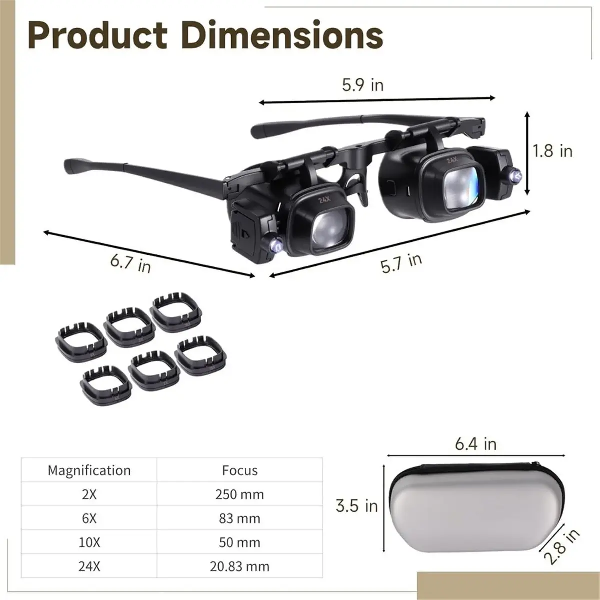 Interchangeable Lens Magnifying Glass, Loupe Magnifier with Led (2X 6X 10X 24X), for Jewelry Watch Repair, Close Work