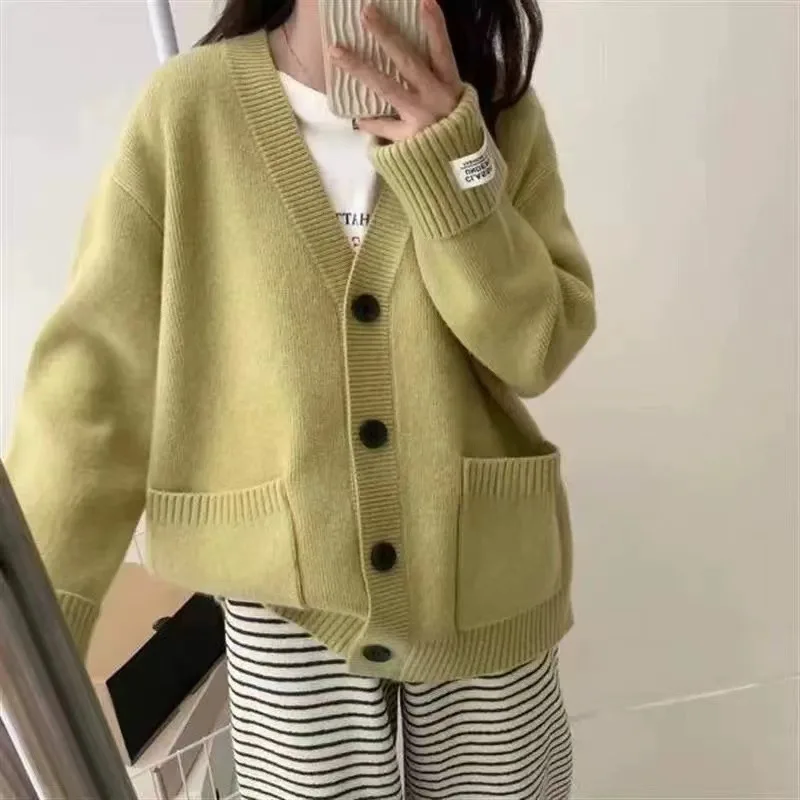 Matakawa V Neck Cardigans Korean Fashion Pockets Autumn Winter Solid Vintage Women Swetry Grube Ciepłe Luźne Sueter De Mujer