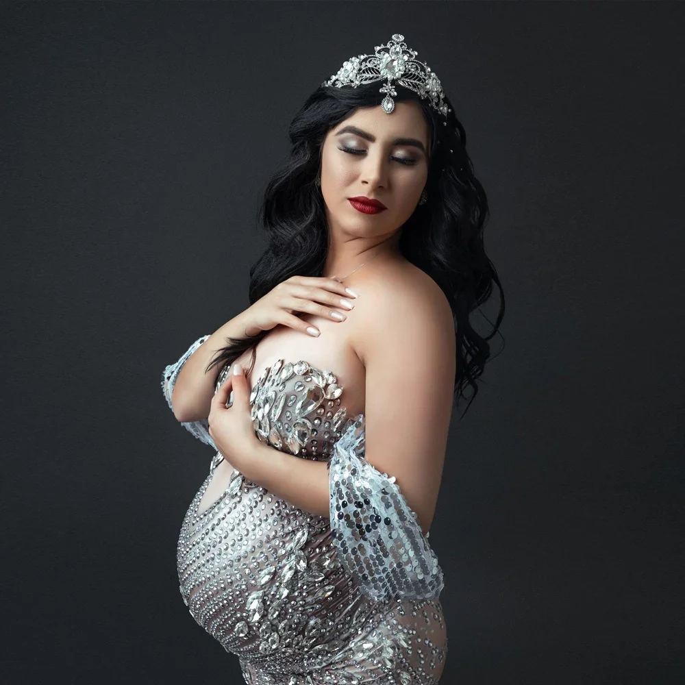 Elasticity Sparkly Rhinestones Maternity Photography Gown Large Size Dress Suitable For Pregnant Women Photography Clothing Prop