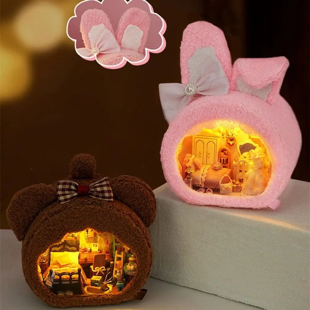 Lampu LED rumah boneka kayu Mini DIY buatan tangan rakitan Model ruang cahaya hangat kokoh