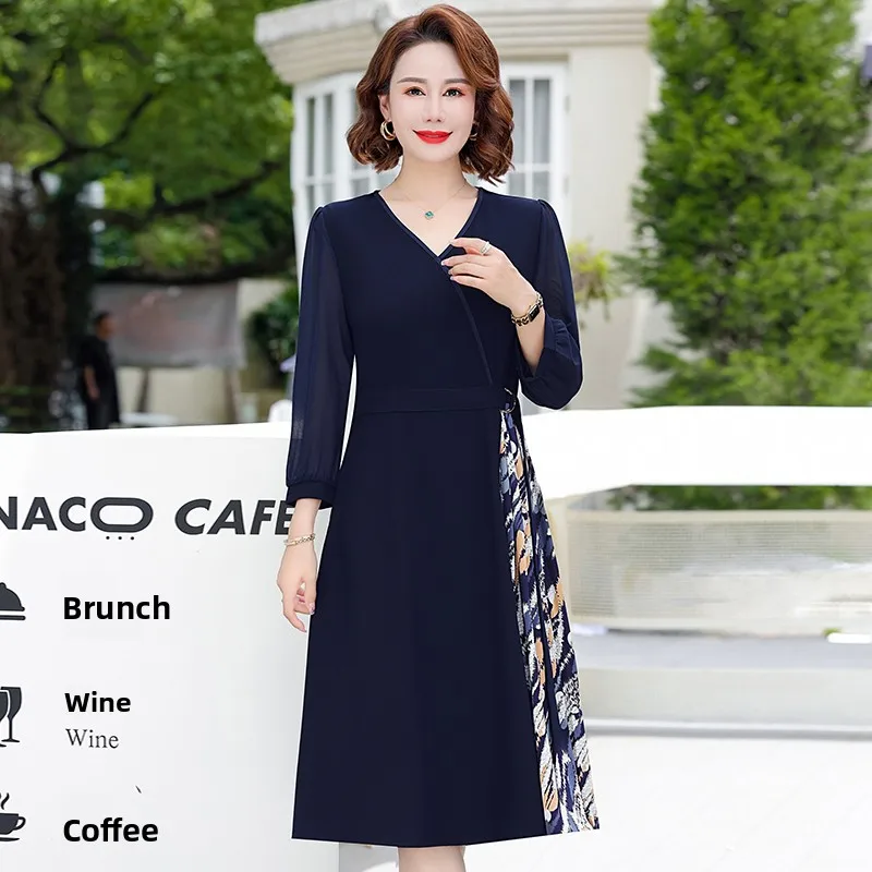 

Faionable Spring Dr for Middle-Aged Women Long Sve Chiffon Skirt Ele And Mid-Aged Women's Clothing