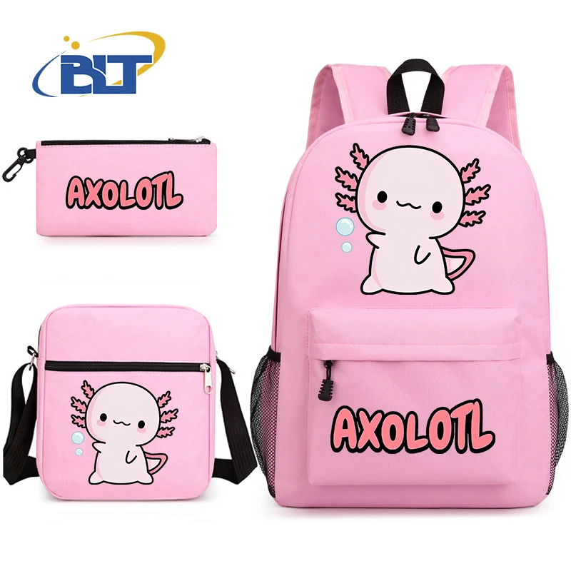 Cute Axolotl printed girls school bag set student backpack shoulder bag pencil case 3-piece set kids back-to-school gift