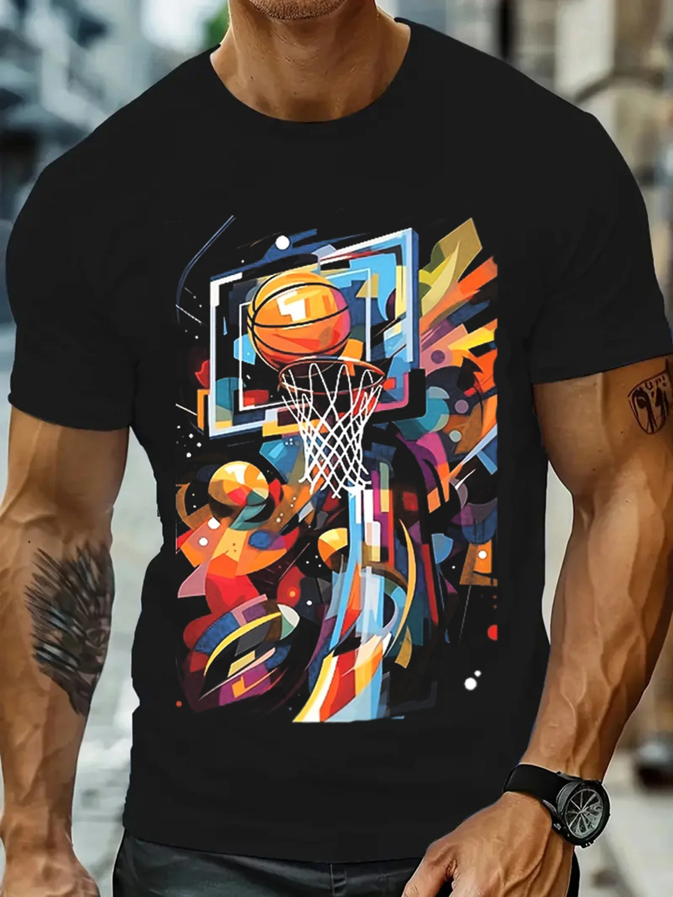 Men's Basketball Graphic T-Shirt - Bold Dunk Poster Design with Hoop - Stretchy Athletic Tee for Gym, Running, Streetwear - All-Season Crew Neck Shirt in Black/Orange/Blue/Red/ - Machine Washable Basketball Apparel for Men, Casual Wear, Vibrant Colors, Co
