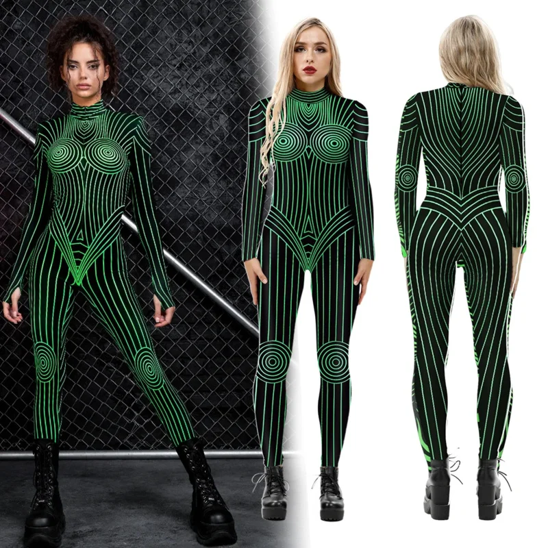 Vipfashion women rave cosplay costume Green Pink geometry print jumpsuits ladies Halloween party holiday zentai bodysuit outfit