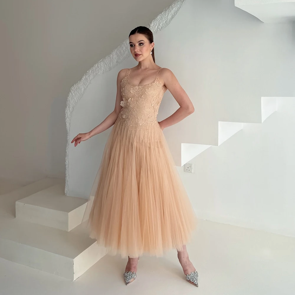 

Customized Strapless A-line Tulle Evening Dress Simple Spaghetti Straps Draped Sleeveless Party Dress Backless Ankle Length Gown