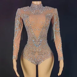 Sparkly Rhinestones Chains Long Sleeve Leotard Women Sexy Performance Dance Costume Singer Dancer Stage Wear Nightclub Outfit