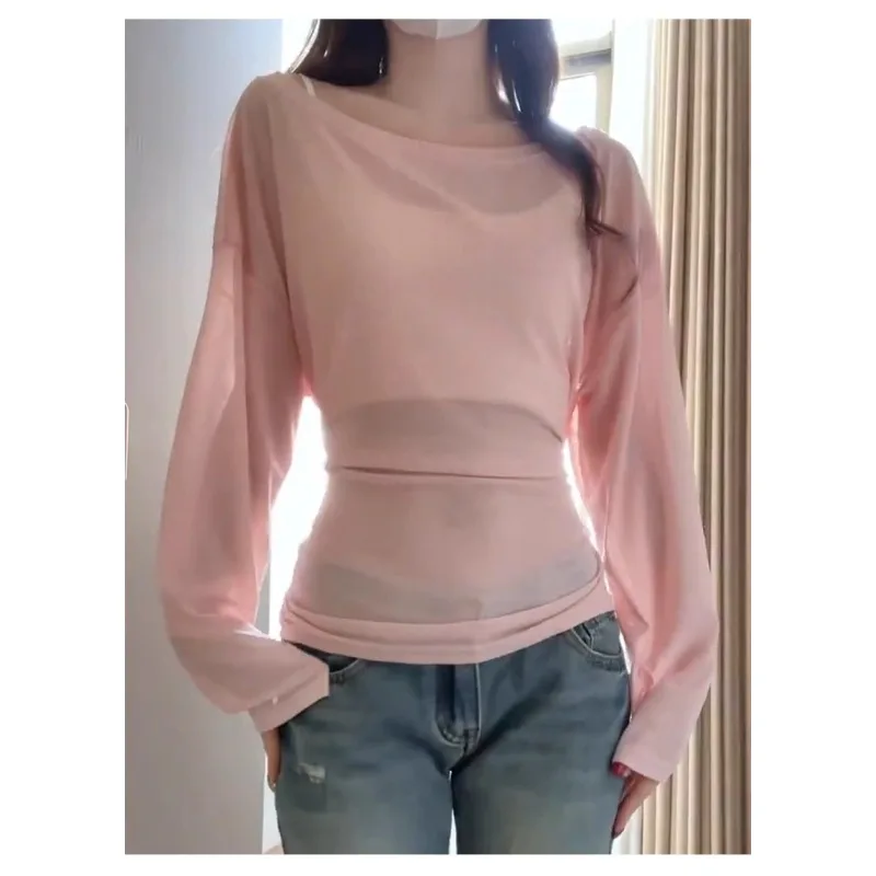 

Розовый тюлевой топ с солнцезащитным кремом для женщин, летняя футболка с открытыми плечами, уменьшающая талию, полая прозрачная сетка, чистое лето