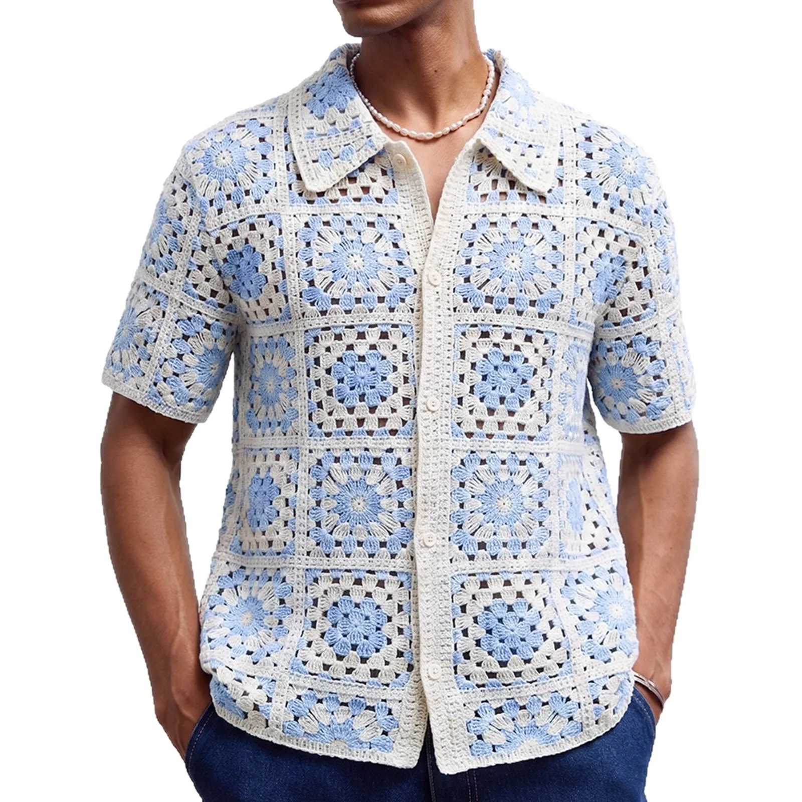 Men's clothing European and American style fashion men's crochet short sleeved knitted shirt checkered hollow cardigan polo shir