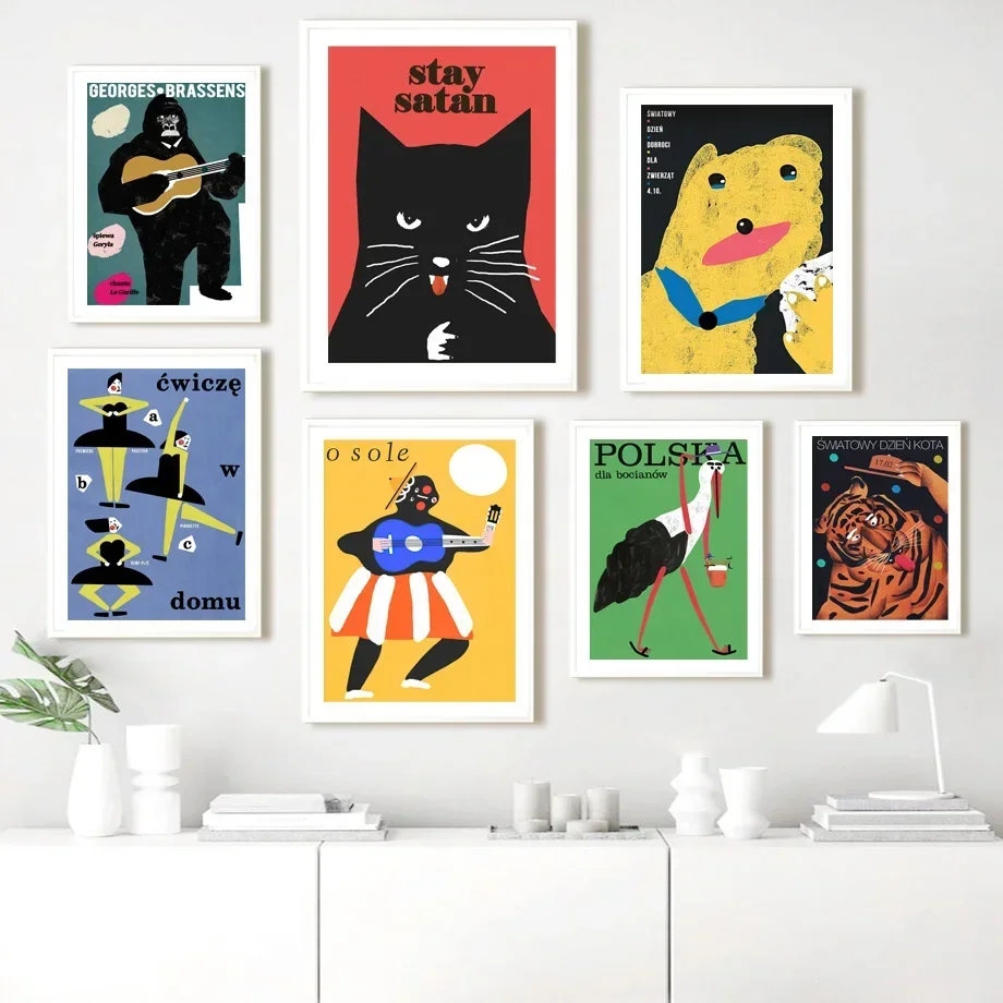 Póster polaco divertido Vintage De gato negro e impresión, cuadro sobre lienzo para pared, ilustración nórdica, imágenes De pared para sala De estar