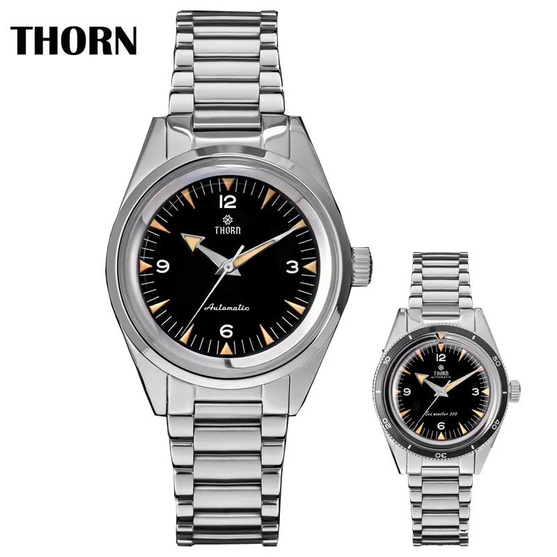 Thorn Men's Vintage Diver Watch 38mm Black Dial Sapphire Glass PT5000 Automatic Movement Stainless Bracelet 10Bar Waterproof