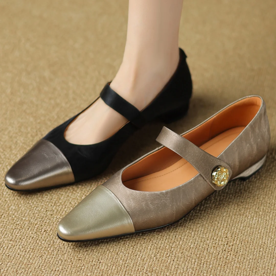 

2025 Spring new women's genuine leather mix color patchwork slip-on Mary Jane flats pointed toe 2cm kitten heel elegant shoes