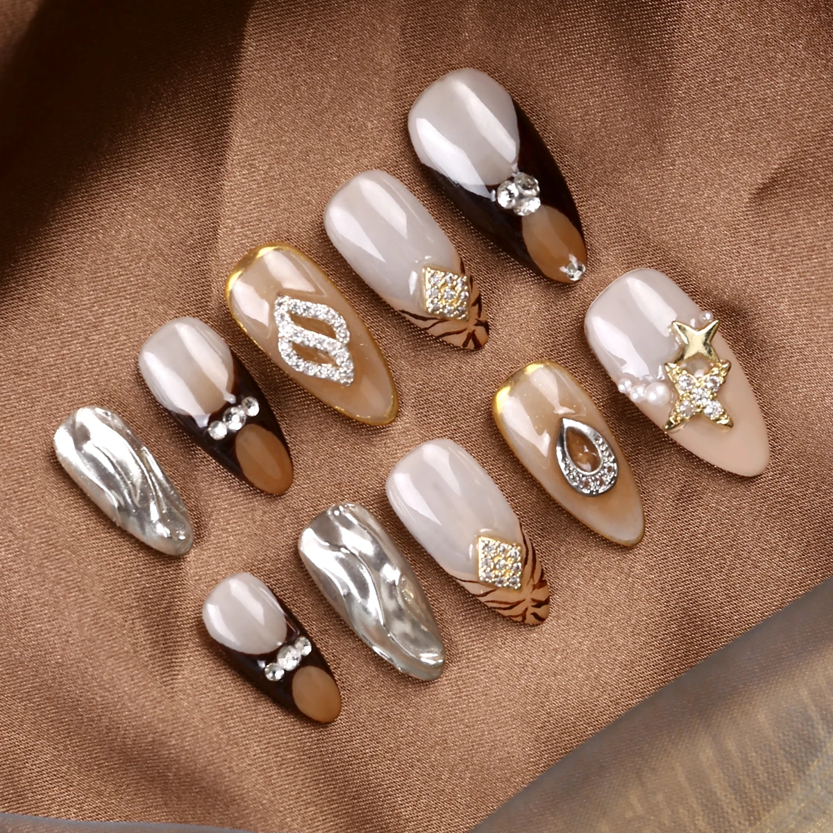 GlamourGalaxy Nails 10PC Handgemaakt, Premium Full-Cover pers op nagels Aanpasbare ambachtelijke ontwerpen voor Instant Salon-Kwaliteit Mani