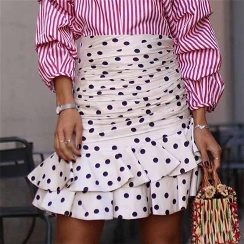 Women Fashion High Waist Pleated Asymmetrical Polka Dot Print Skirt Back Zipper Chic Ruffles Skirts Faldas Mujer Ladies Vestidos