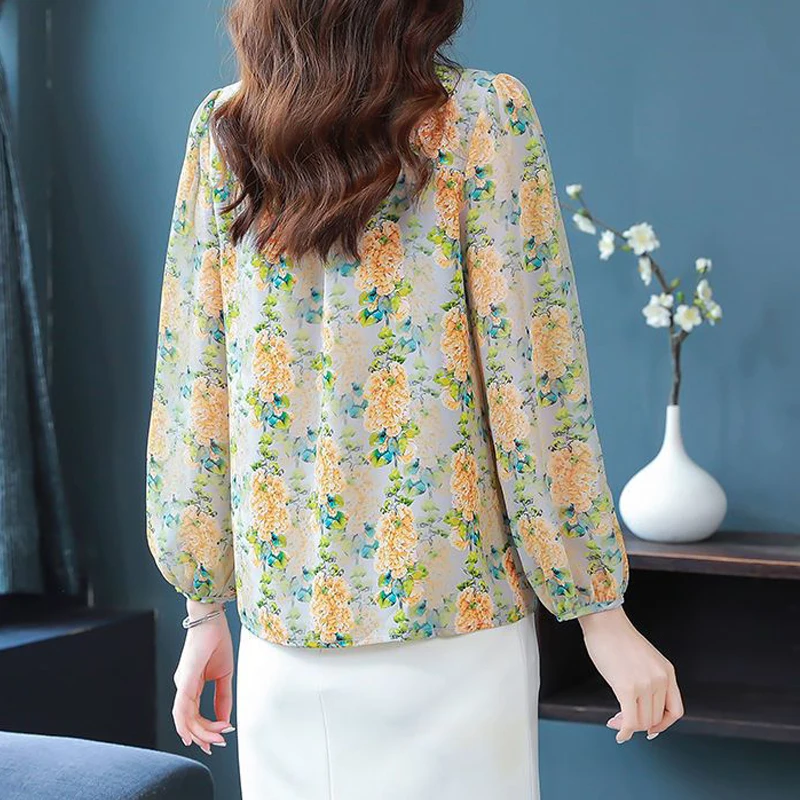 Women Ruffle Floral Print Elegant Blouses Spring Autumn Vintage Long Sleeve Shirts Chic Loose Chiffon Tops Blusa Mujer Moda 2023