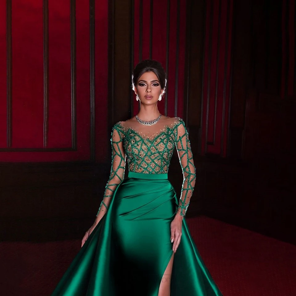 Gaun Malam Formal Putri Duyung Hijau Zamrud Elegan 2025 Gaun Prom Pesta Manik-manik Glitter Celah Samping Satin Lengan Panjang Ilusi