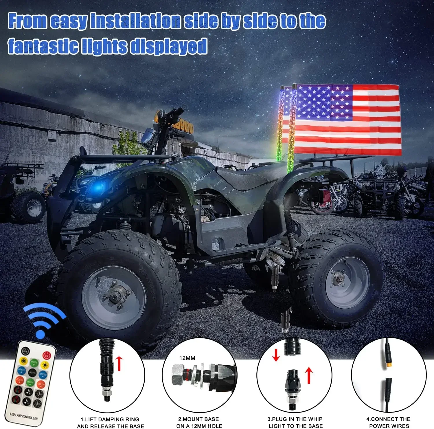 Whip Light Remote App Control Stop Turn Reverse Lamp Safety Antenna Lighted Whips for ATV UTV Polaris RZR Can-am Dune Buggy Jeep