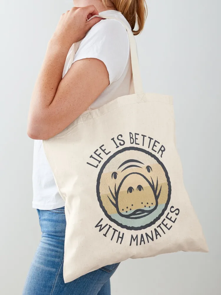 

Retro Manatee Face - Life Is Better With Manatees Tote Bag Lady bag reusable grocery bags Custom bag shopping cart bags