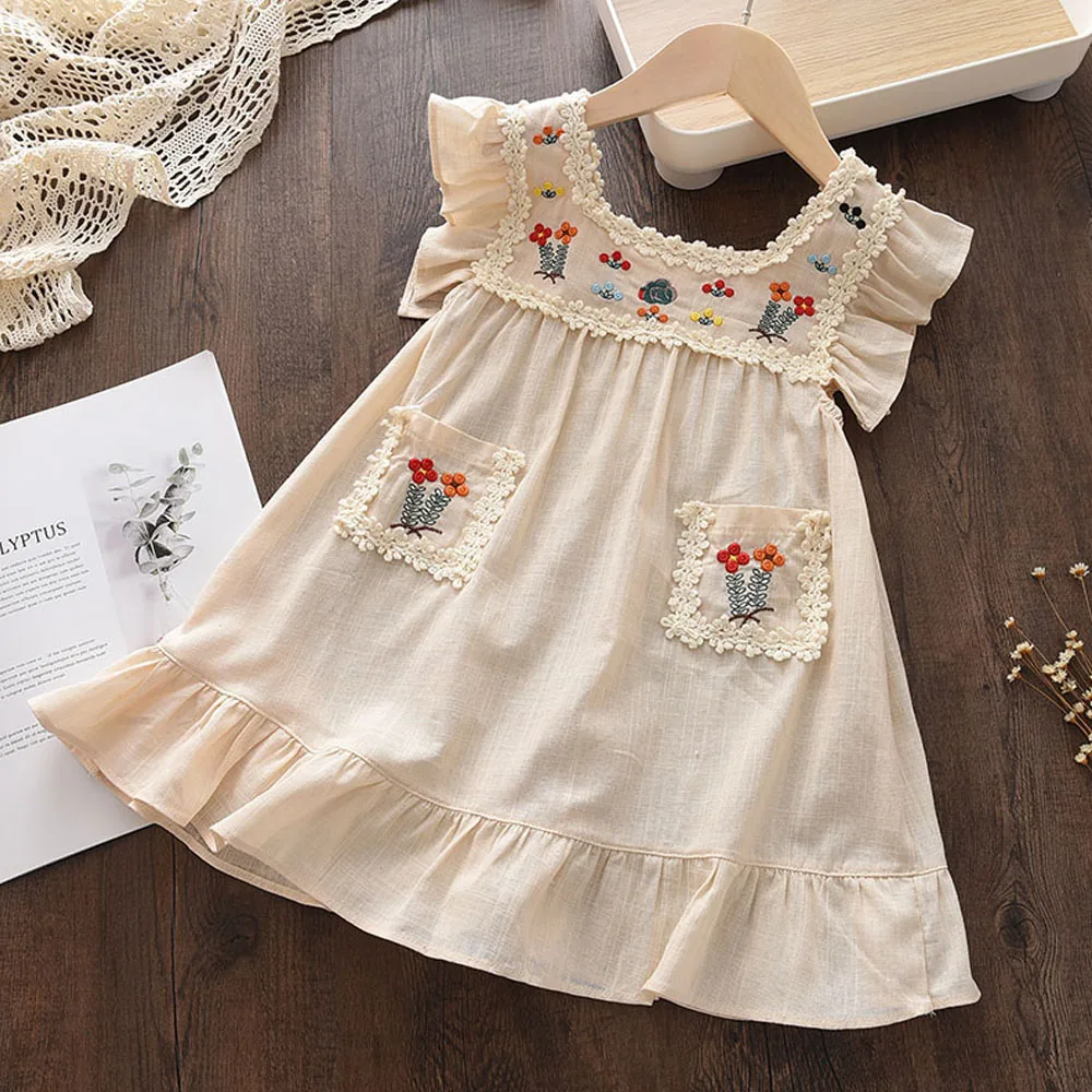 Bear Leader Girls Flower Embroidered Dress Summer Retro Flying Sleeve Princess Dresses Children