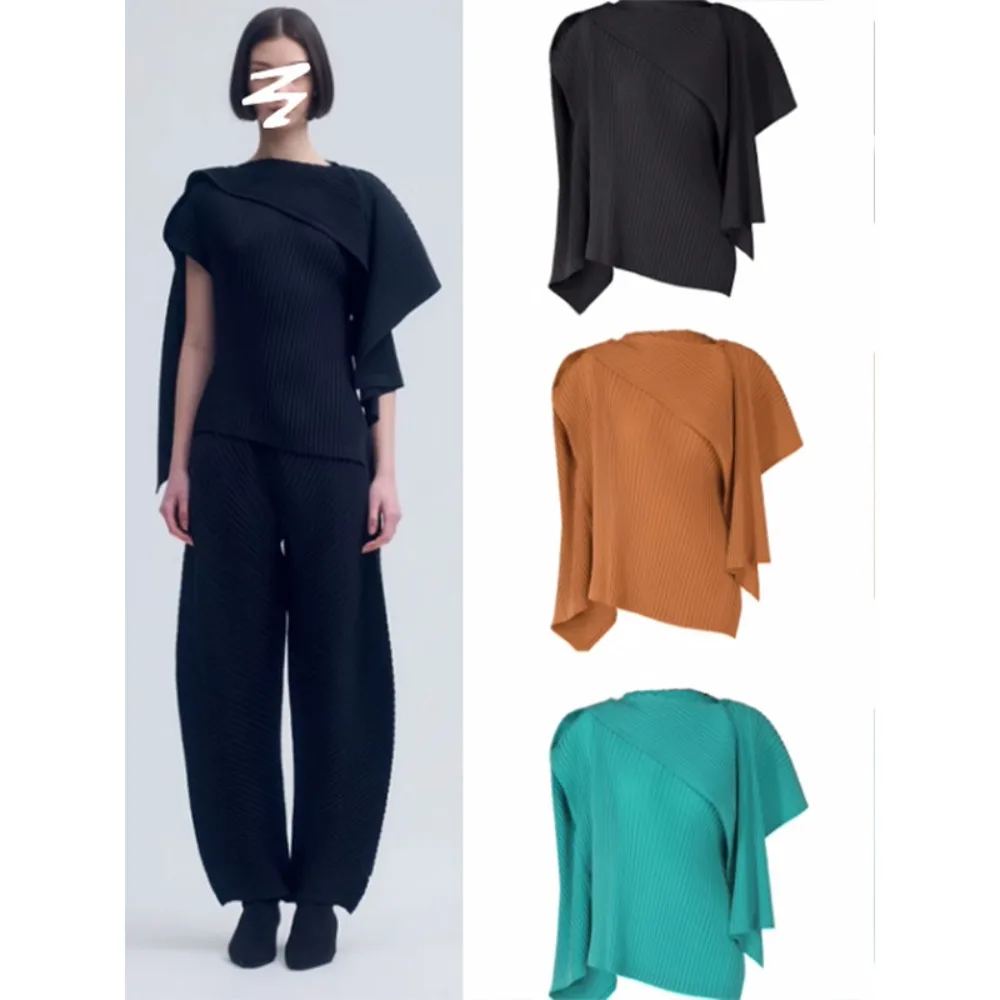 

Miyake Pleated Women's Two Pieces Set 2025 Spring New Fashion Women's Suit Solid Color Casual Blouse Loose High-waisted Trousers
