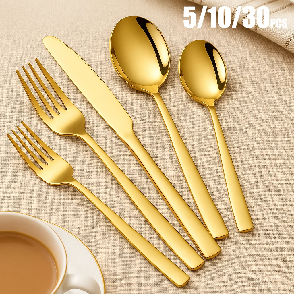 Juego de cubiertos dorados y plateados, vajilla de acero inoxidable, juego de cena elegante, cuchillo occidental, tenedor, cuchara, cubiertos con espejo, 5/10/30 Uds.