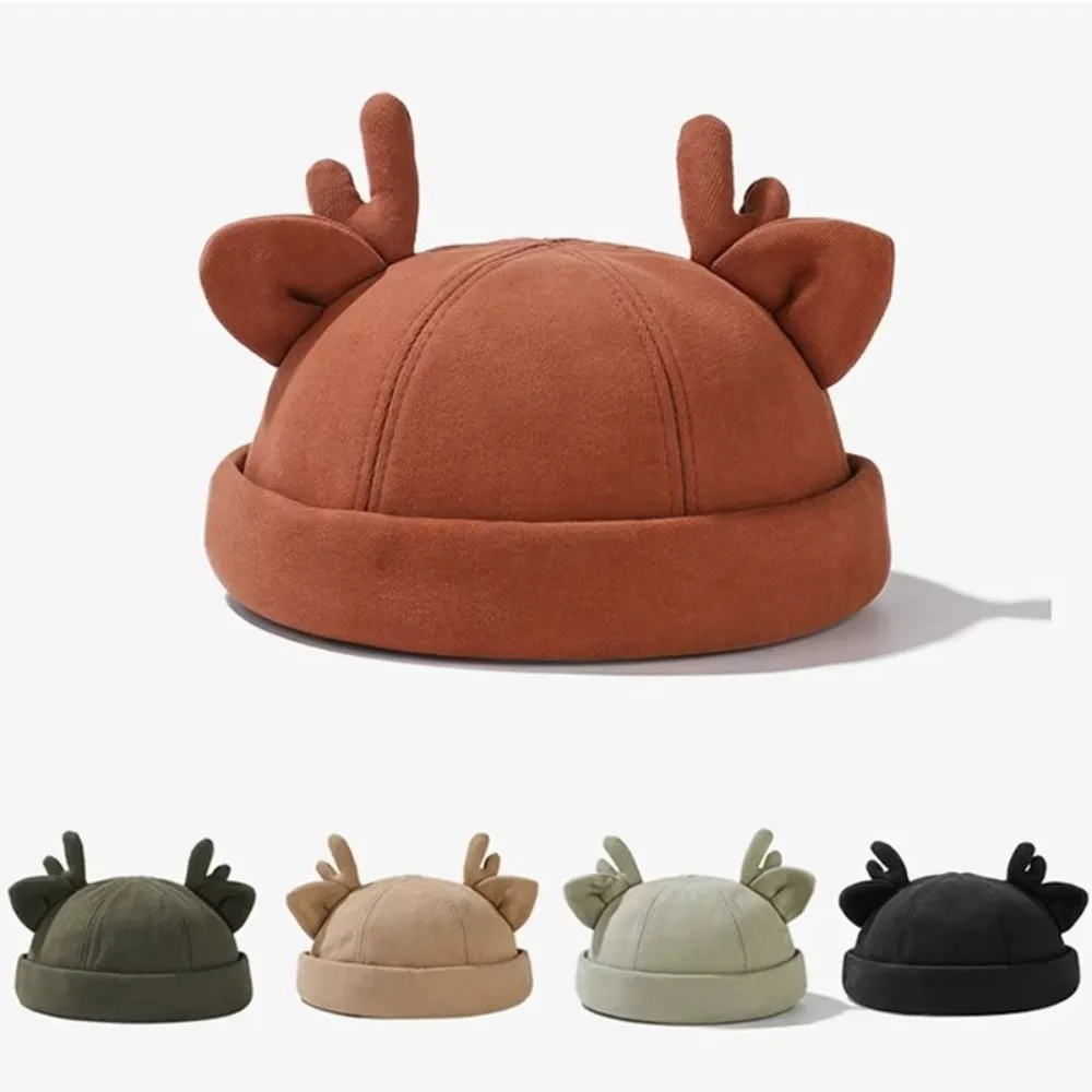 Casual Cotton Melon Skin Hat Deer Ear Adjustable Beanie Hat Solid Color Hip Hop Landlord Hat Outdoor