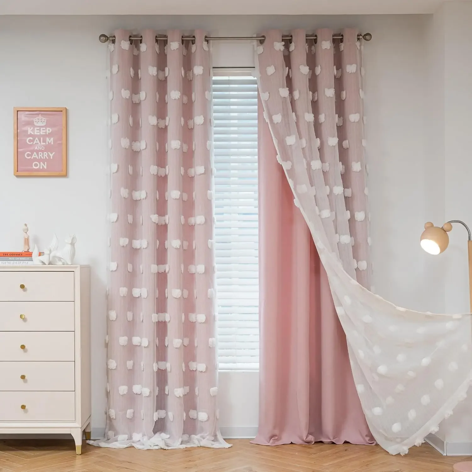 HOME Pink Curtains for Living Room 84 Inches Long Pom Pom White Sheer Curtains for Girls Room Nursery Curtains Double Laye