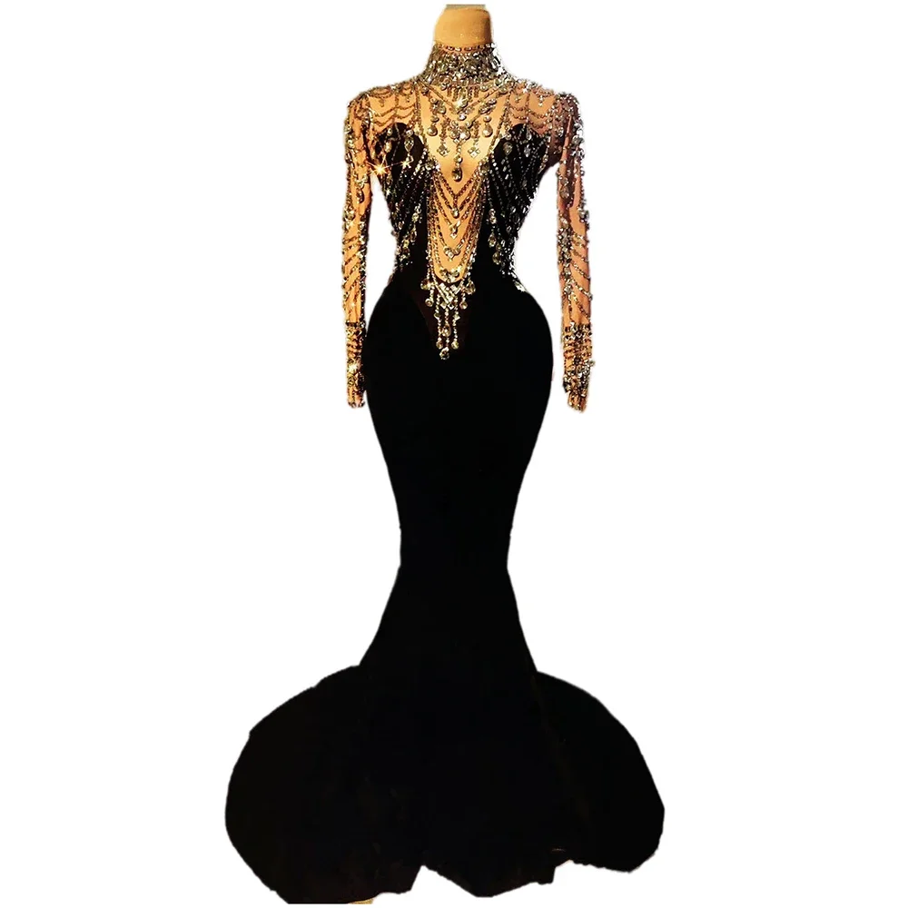 

Shining Crystal Rhinestones Elegant Dress For Women Long Black Swan Velvet Trailing Sexy Evening Ballroom Clothing Stage Costume