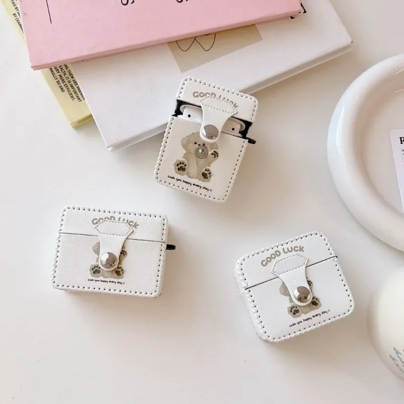 

Nice Bear Good Luck Earphone Case for AirPods 1 2 3 AirPods Pro 2 Protective Cover Premium Leather Texture Metal Button Closure