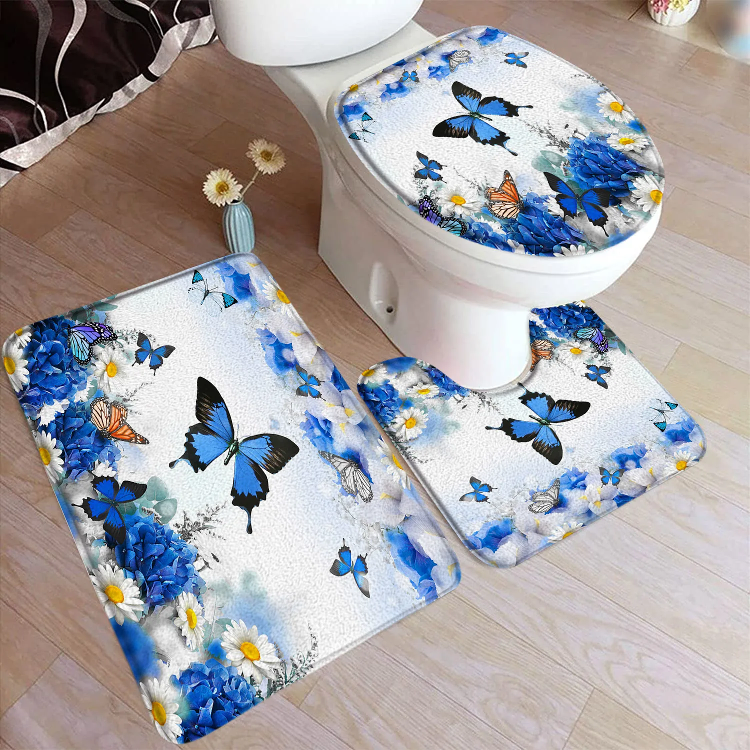 Floral Blue Butterfly Bath Mat Set Hydrangea White Daisy Rustic Flower Plant Home Bathroom Decorative Floor Rug Toilet Lid Cover