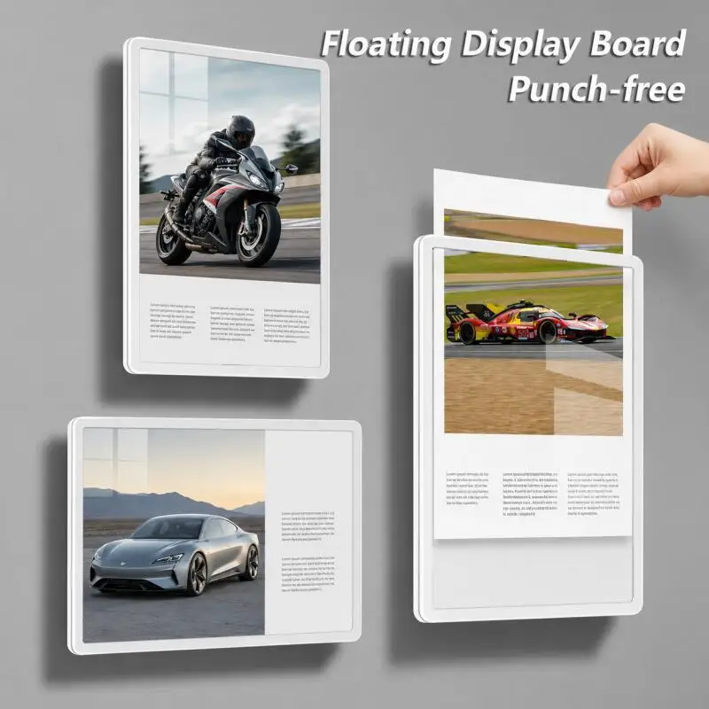 A4/A5 Acrylic Floating Display Board, Wall Mount Poster Frame, Punch-Free Sign Holder for Office Decor