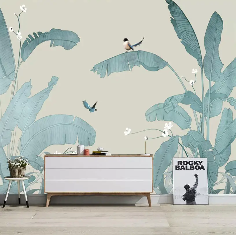 Customized green plant banana leave small fresh wallpaper Nordic hand-painted mural TV background wall wallpaper wall stickers