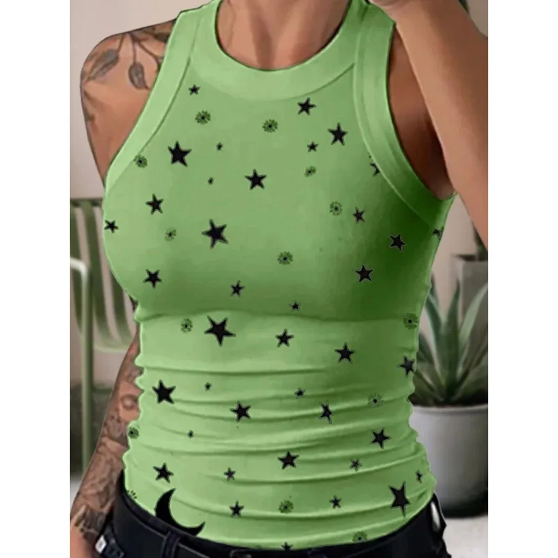 Starry Night Sleeveless Crew Neck Elastic Tank Top Women's 2024 Summer Star Print Vest Basic T-Shirt Casual Every Day Tops