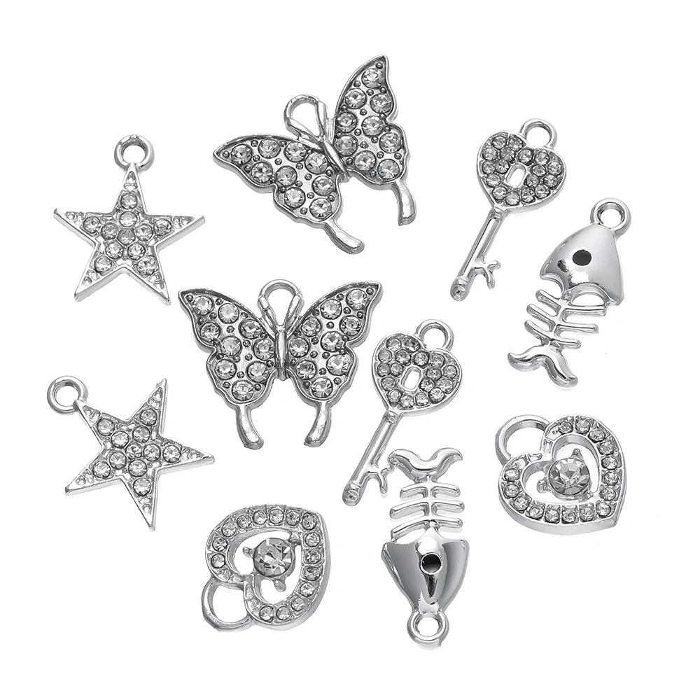 10pcs/Lot Alloy Butterfly Pendants with Crystal Rhinestone Charms for Necklace Earrings DIY Jewelry Making Findings Accessories