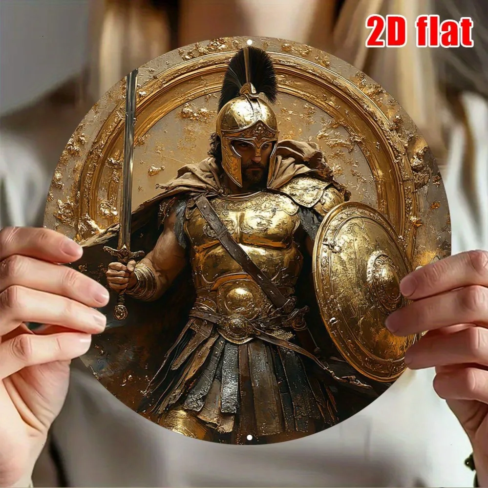 Sparta Warrior 2D Round Sign 8x8 Inch Metal Decor, Spartan Theme Wall Art for Home Bathroom Door, Durable Vintage Gift