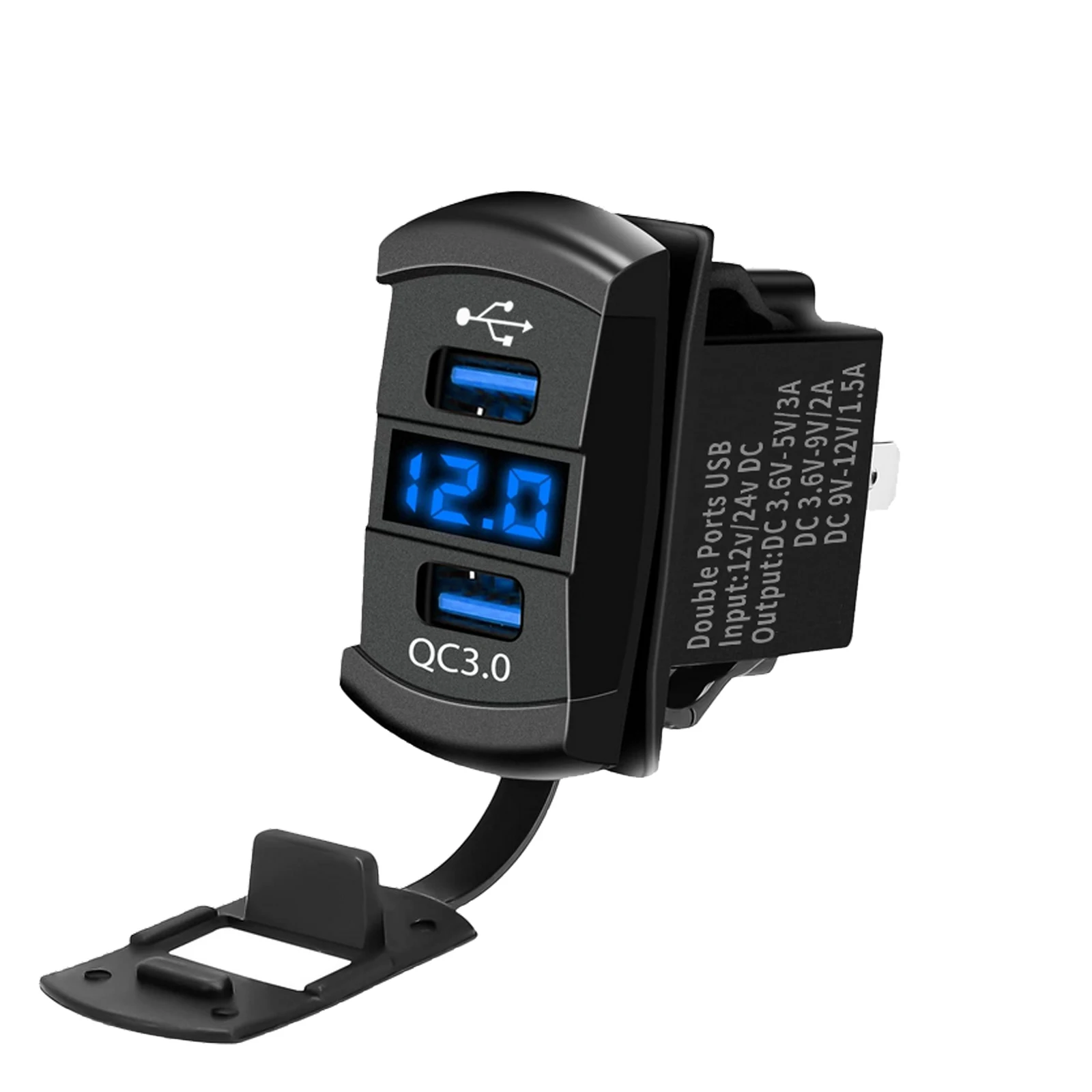 

12V 24V Blue Led Dual USB & Battery Voltmeter Rocker Switch Style QC3.0 Car Quick Charger Power Socket Waterproof