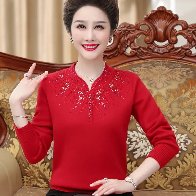 Women's Spring Autumn Sweater Diamond Keep Warm In Winter Plus Size Pullover Wool Korean Fashion Chinese Style Cheongsam Collar