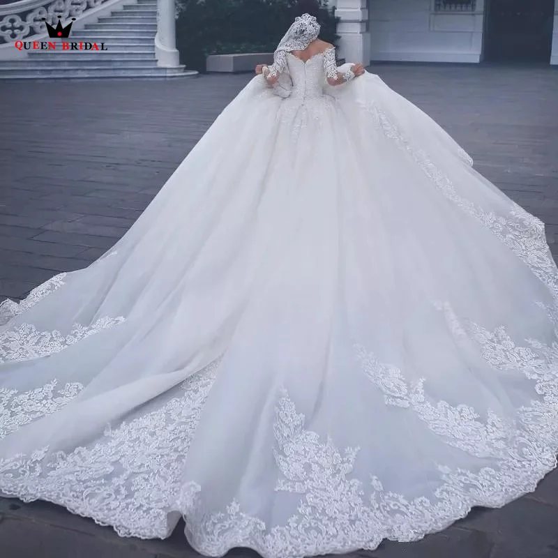 Luxus Ballkleid Hochzeit Kleider Großen Zug Langarm Tüll Spitze Appliques Perlen 2022 Neue Design Brautkleid Custom Größe DZ91